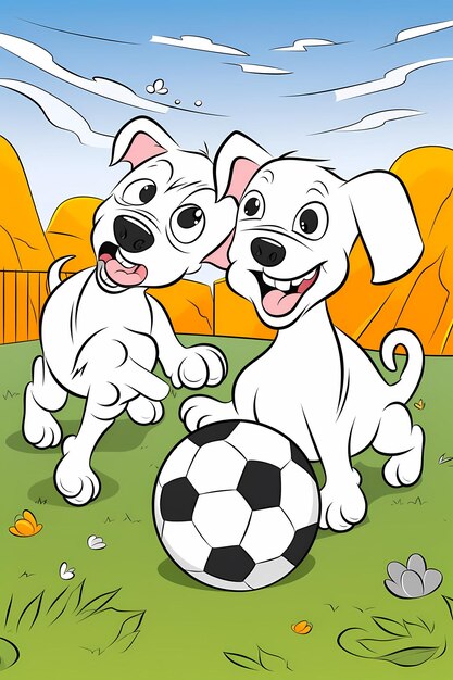 Foto pupitos juguetones para colorear con dos perros jugando al fútbol en kidfriendly