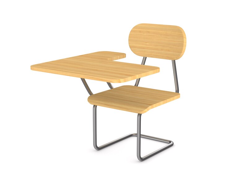 Foto pupitre y silla de la escuela. representación 3d aislada