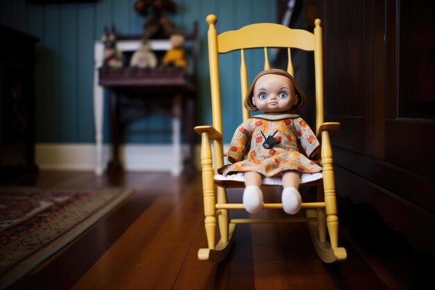 Puppe mit unheimlichen Augen auf Schaukelstuhl in dunkler Ecke