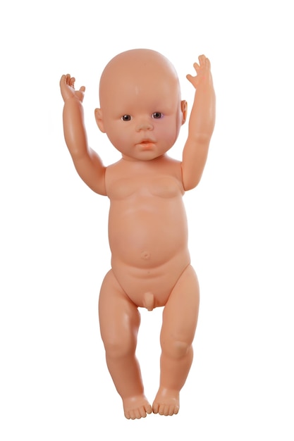 Puppenbaby mit den Händen oben lokalisiert auf weißem Hintergrund