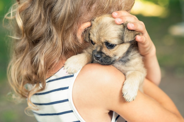 Puppie no ombro de uma garota ao ar livre, cachorro olhando por cima do ombro