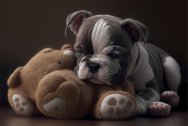 Puppy dogueue puppypies está acostado en un ai generativo de oso de peluche