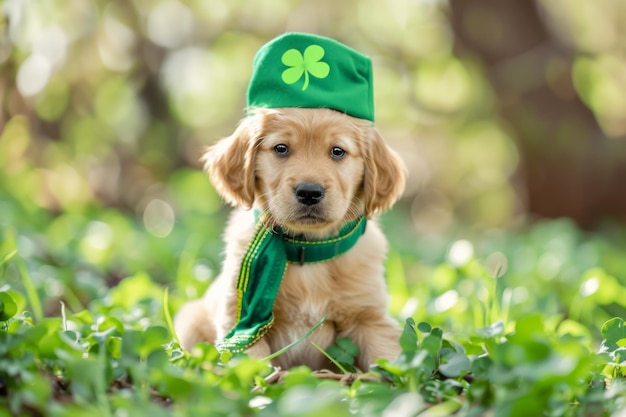 Puppy trägt ein festliches irisches Outfit und feiert St.