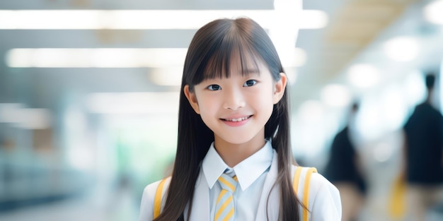 La pura felicidad evidente en la sonrisa de una pequeña estudiante asiática