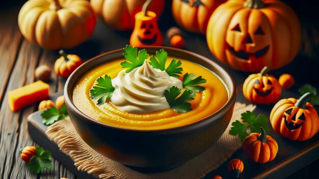 puré de calabaza saludable adornado con crema y hojas de perejil