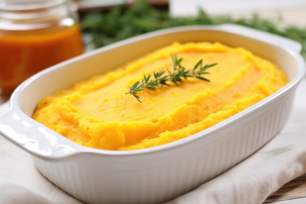 Puré de calabaza servido en un plato blanco