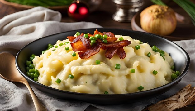 Puré de batatas aquecido com bacon e cebolas verdes Prato espumante de Natal ou Dia de Ação de Graças