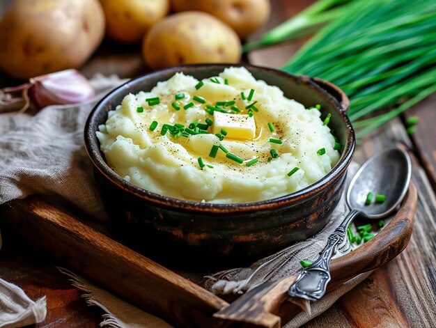 Puré de batatas com manteiga e cebola em uma tigela dieta ceto de estilo rústico