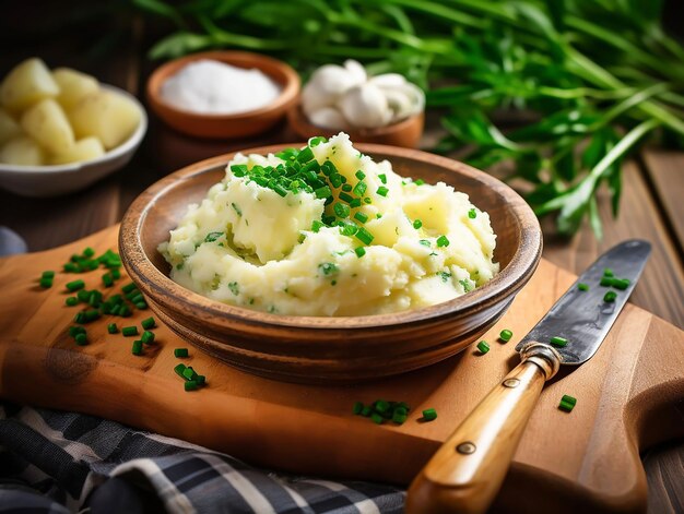 Foto puré de batatas com manteiga e cebola em uma tigela estilo rústico keto giet