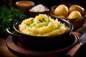 Foto puré de batatas em uma tigela com batatas cruas nas proximidades enfatizando o foco seletivo