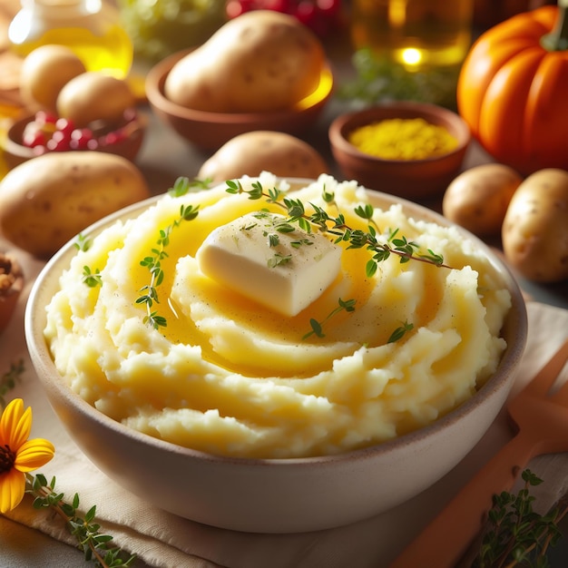 Puré de batatas feito em casa com manteiga e tomilho