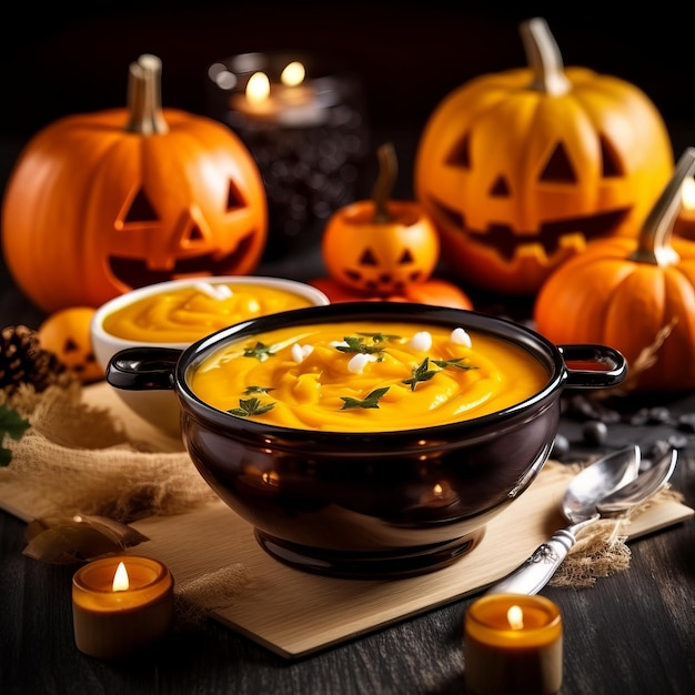 Puré de sopa de abóbora com abóboras visíveis no fundo Halloween