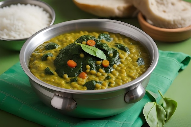 Foto puré de espinaca de lentejas rojas indias con pan plano en fondo de madera plataforma de ia palak mong dal