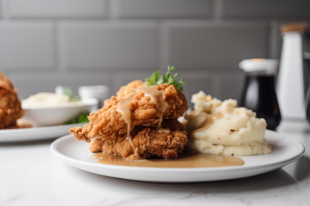 Puré de papas con pollo frito y salsa en un plato blanco creado con ai generativo