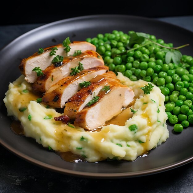 Puré de patatas de aspecto realista con rodaja de pollo y salsa