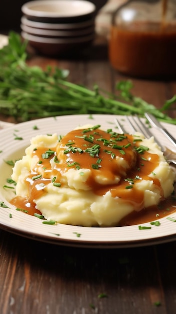 Puré de patatas con eneldo en plato sobre fondo de madera IA generativa