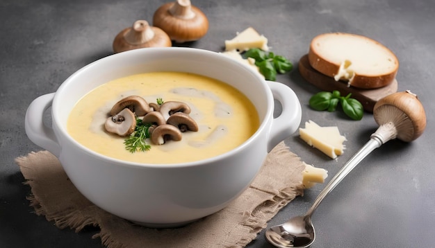 Puré de sopa con setas y queso sobre un fondo de hormigón