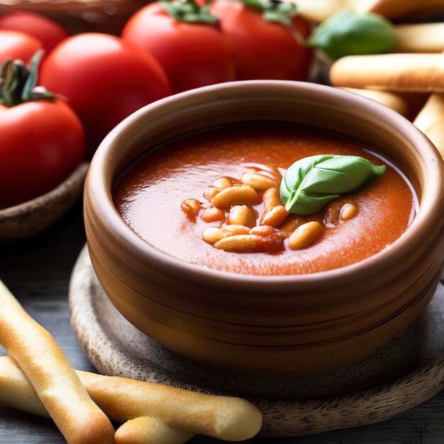 Puré de tomate bio con palitos de pan italiano crissinis y piñones