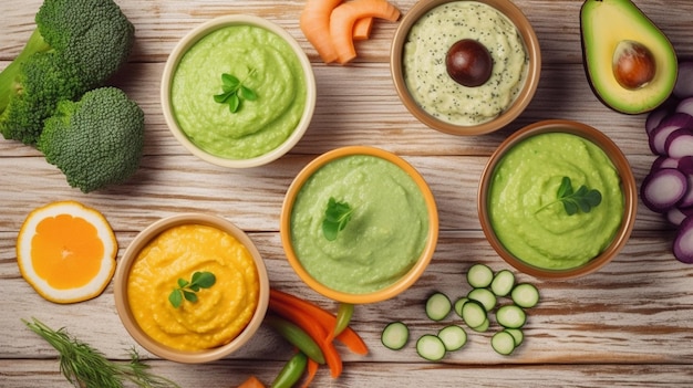 puré de verduras para bebés en una mesa de madera