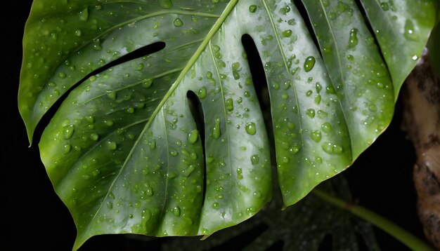 La pureza de la naturaleza la hoja tropical y las gotas de lluvia de cerca