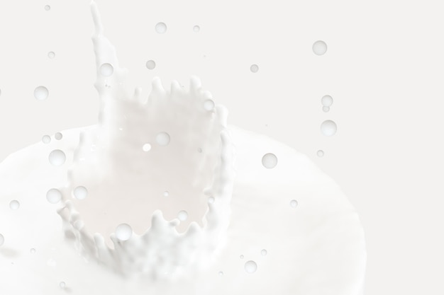 Pureza salpicando leche con formas de corona renderizado 3d