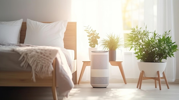 Purificador de aire en el dormitorio blanco acogedor para filtrar y limpiar la eliminación de polvo PM25 HEPA y virus en el hogar para el aire fresco y una vida saludable de bienestar generativo ai