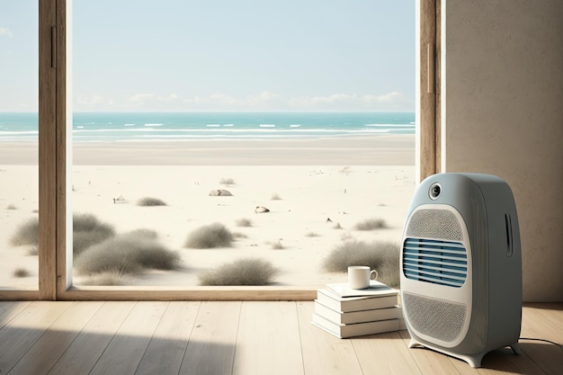 Purificador de aire en la habitación con vista a la playa creando un ambiente tranquilo y relajante