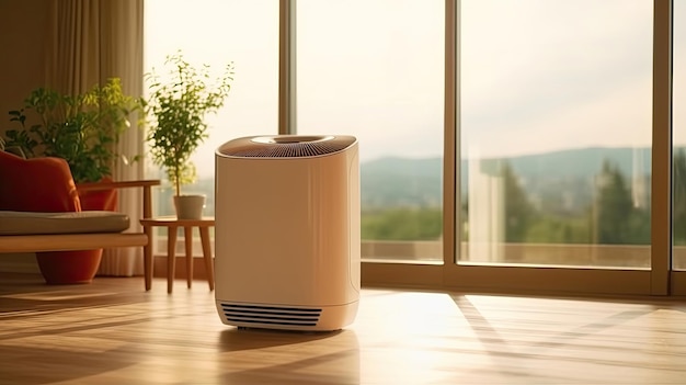 Purificador de aire en el suelo de madera en un hogar cómodo Aire fresco y vida saludable Concepto de contaminación del aire Generativo ai