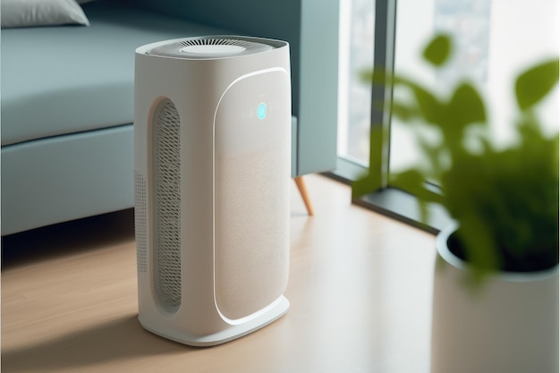 Purificador de ar na sala de estar branca para filtro de poeira PM25 HEPA e vírus em casa Generative AI