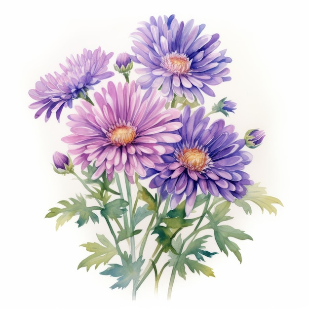 Purple Asters Eine atemberaubende Aquarellzeichnung, die in Eleganz versenkt ist