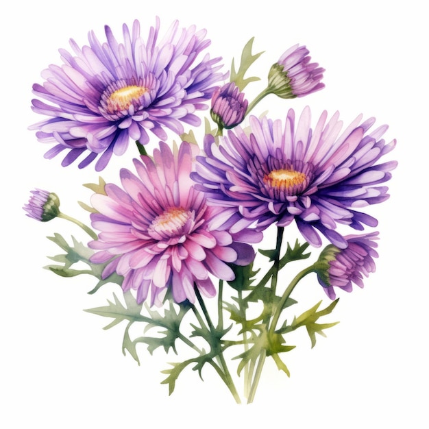 Purple Asters Eine faszinierende Aquarellzeichnung ohne Hintergrund