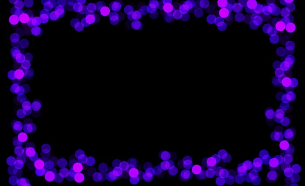 Púrpura y azul bokeh brillo brillo luces marco abstracto sobre fondo negro