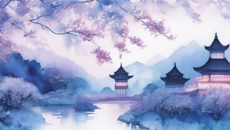Púrpura gradiente acuarela templo chino flor de cerezo lago de montaña en el país de las maravillas por la noche