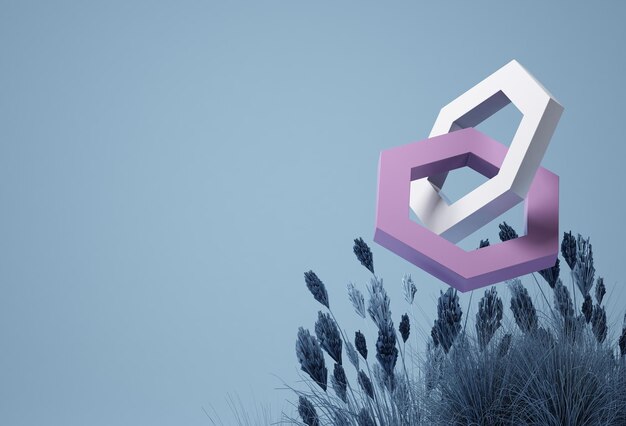Un púrpura hexagonal se cierne sobre fondo azul y hierba de pampa Idea de concepto mínimo con monocromo