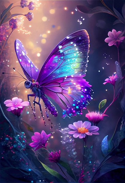Purpurroter Schmetterling, der oben auf einem generativen ai des üppigen grünen Feldes sitzt