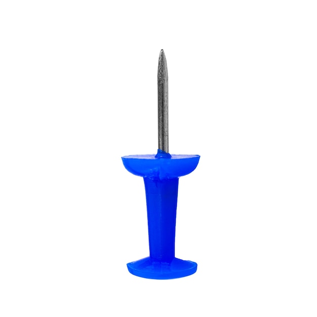 Push-Pin isoliert auf weißem Hintergrund, Nahaufnahme blau Briefpapier-Pin