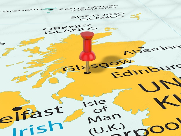 Foto pushpin en el fondo del mapa de glasgow ilustración 3d