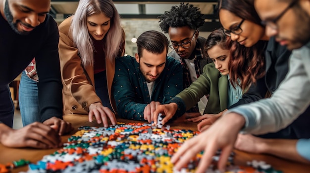 Puzzle de trabajo en equipo Grupo de diversas personas de negocios montando un rompecabezas juntos