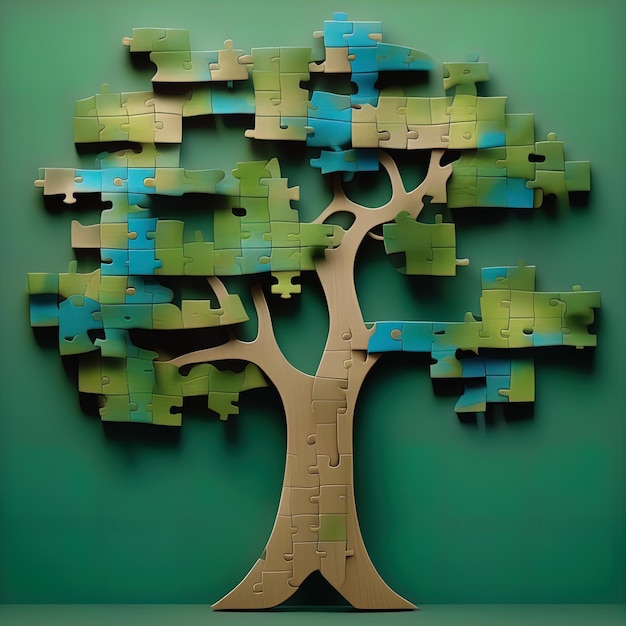Puzzleteile auf grünem Hintergrundgrüne PuzzleteilePuzzleteile mit einem Stück Tr