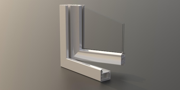 PVC-Aluminium-Fensterrahmen mit zwei Gläsern isoliert auf grauem Hintergrund 3D-Darstellung