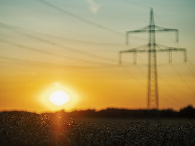 Pylon de electricidad en el campo contra el cielo durante la puesta del sol