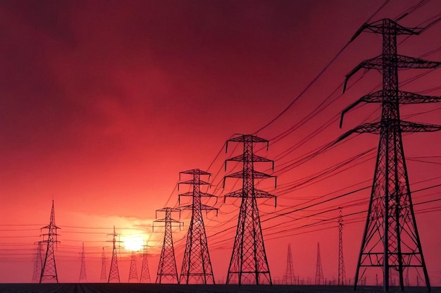 Foto pylones de la estación de distribución de electricidad en el fondo del cielo ácido rojo silueta de la imagen de la línea de energía su