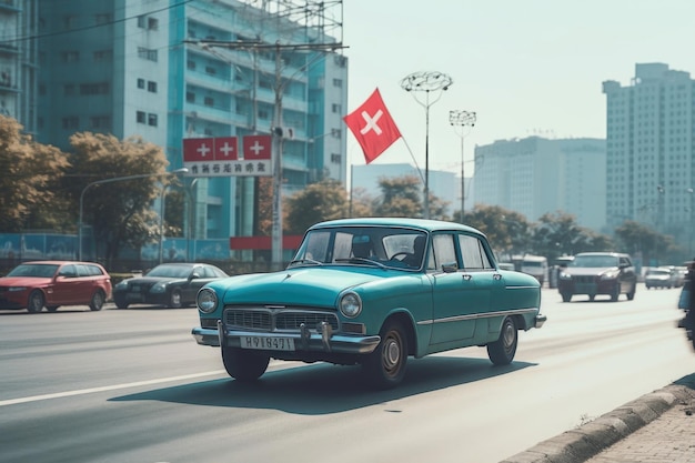 Pyongyang Corea del Norte 9 de octubre de 2019 Viejo coche azul conduciendo en la calle de Pyongyang con la bandera de Corea del Norte