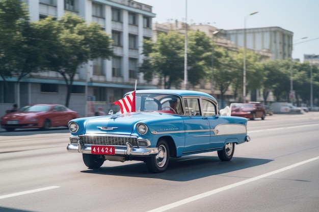 Foto pyongyang corea del norte 9 de octubre de 2019 viejo coche azul conduciendo en la calle de pyongyang con la bandera de corea del norte