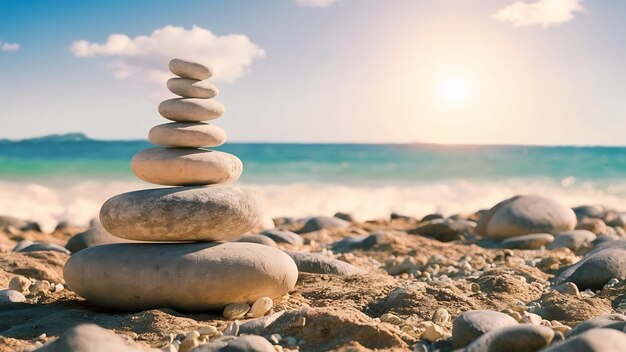 Pyramide aus Steinen am Strand an einem sonnigen Tag