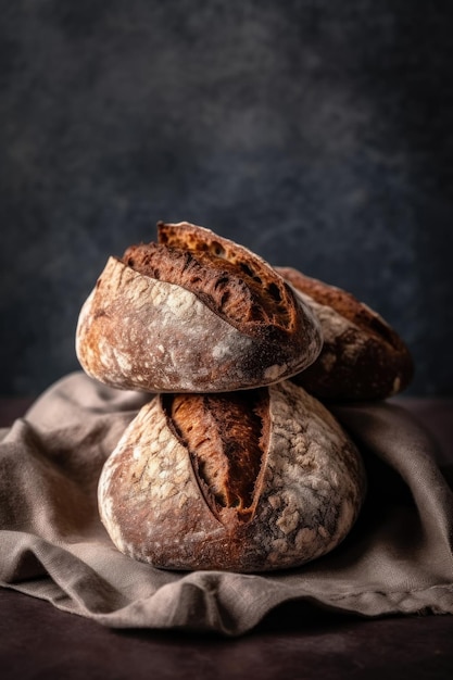 Pyramide mit frisch gebackenem Brot auf hellem Hintergrund, weiße Küche, generativ