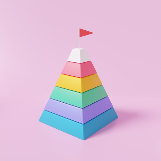 Foto pyramidendiagramm mit rotem flaggenziel auf rosafarbenem hintergrund isometrisches diagramm symbolebene diagramm infografik datenanalyse optimierung wachstumsstatistik finanzen geschäftsentwicklungskonzept 3d-rendering