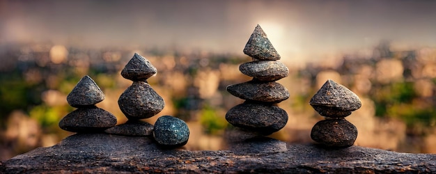 Pyramidenförmige Steinhaufen Zen balancieren Minimalismus Harmonie und Frieden Selektiver Fokus AI generierte Farbe