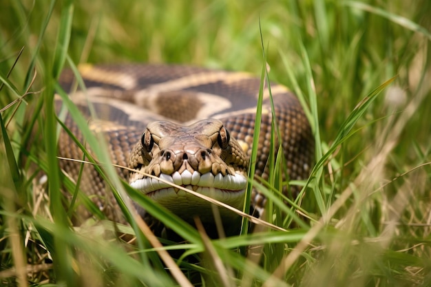 Foto python deslizándose a través de la hierba