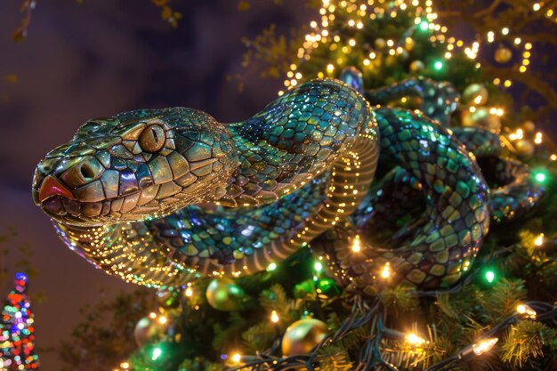 Python in festlichen Weihnachtsbaumdekorationen mit warmen glühenden Lichtern verwoben